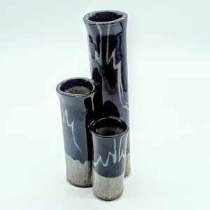 Handmade Blue Grey Glazed Drip Triple Tube Ceramic Pottery Vase
